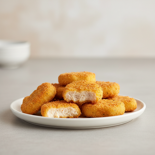 Crispy golden chicken nuggets on white ceramic plate