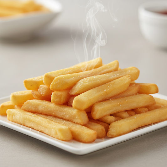 Golden straight cut french fries on white ceramic plate